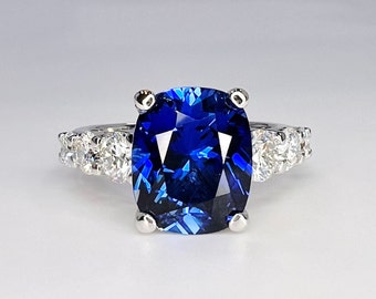 Elongated Cushion Cut Engagement Ring / Blue Sapphire Wedding Ring / Sapphire And Moissanite Ring / 14k White Gold / #6398