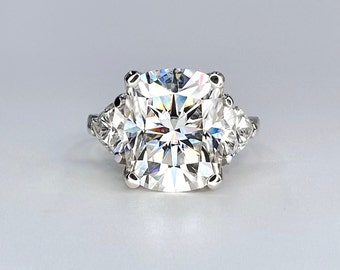 Moissanite Engagement Ring Cushion Cut, Elongated Cushion Shaped Three Stone Wedding Ring, 14k White Gold Trillion Moissanite Ring,  #5545