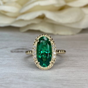 Elongated Oval Ladies Ring / Green Emerald Engagement Ring / Diamond And Emerald Wedding Ring / Anniversary Gift / 14k Yellow Gold / #6159