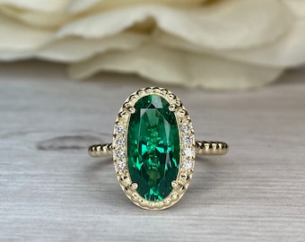 Elongated Oval Ladies Ring / Green Emerald Engagement Ring / Diamond And Emerald Wedding Ring / Anniversary Gift / 14k Yellow Gold / #6159