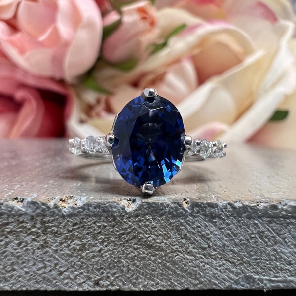 Oval Blue Sapphire Diamond Accents Engagement Ring  14k White Gold Oval Sapphire Wedding Ring Women Unique Anniversary Wedding Rings   #5398