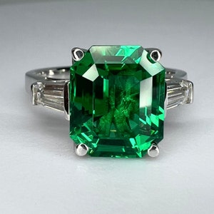 Emerald Cut Emerald Engagement Ring With Baguettes In 14K White Gold, Emerald and Moissanite Engagement Ring #6725