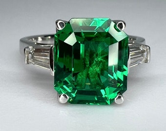 Emerald Cut Emerald Engagement Ring With Baguettes In 14K White Gold, Emerald and Moissanite Engagement Ring #6725