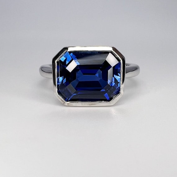 Blue Sapphire Ring Emerald Cut Bezel Set East to West 14K White