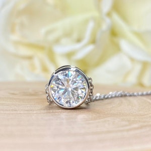 Round Moissanite Pendant Necklace 14k Gold, Simple Round Cut Necklace, Solitaire Necklace, Women's Round Necklace, Bezel Set Necklace, #7063