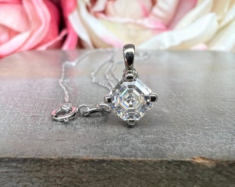 Asscher Moissanite Pendant Necklace 14k Gold, Simple Asscher Cut Necklace, Solitaire Necklace, Women's Square Necklace,  Holiday Gift, #7075