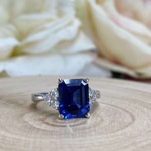 Emerald Cut Engagement Ring / Blue Sapphire Wedding Ring / Sapphire and Moissanite Ring / 14k White Gold / #6312