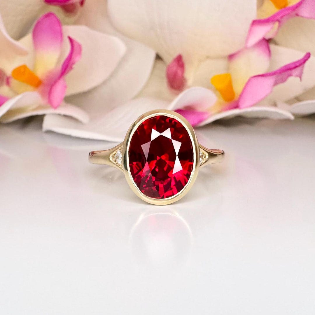Bezel Set Oval Cut Ruby Engagement Ring 14K Solid Gold , July ...