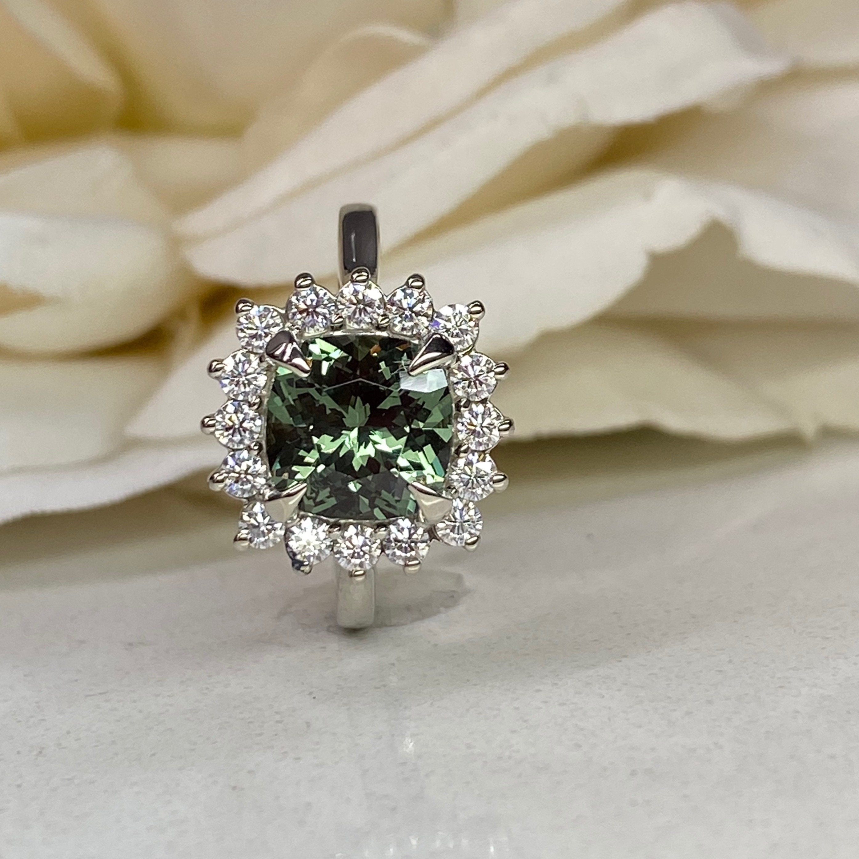 Green Sapphire Cushion Cut and Diamond Halo Engagement Ring | Etsy