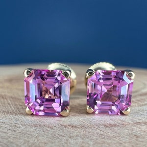 Pink Sapphire Stud Earrings for Her, 14k Yellow Gold Asscher Cut ...