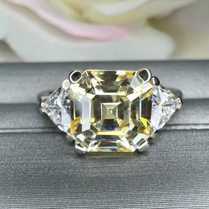 Yellow asscher cut engagement ring, with trillion accents 3.00ctw solid 10K/14K solid gold #4843