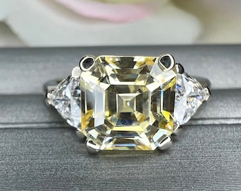 Yellow asscher cut engagement ring, with trillion accents 3.00ctw solid 10K/14K solid gold #4843