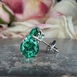 Round brilliant emerald earrings, 2.00ctw. stud earrings with screw backs 14k white gold  #5460