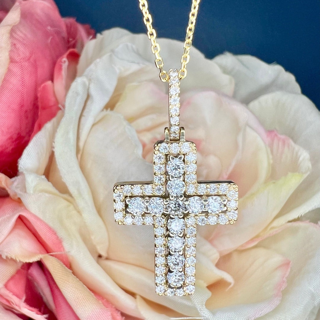 Large Cross Necklace 14K Solid Gold, Unique Moissanite Cross Pendant