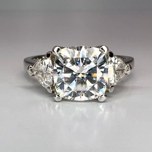 Moissanite Cushion Cut Engagement Ring,  Solitaire with Trillions,  Three Stone Ring, 3.60 ctw.  14K White Gold #5129