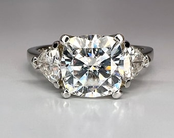 3.20ctw Moissanite Cushion Cut Engagement Ring,  Solitaire with Trillions,  Three Stone Ring, 14K White Gold #5129