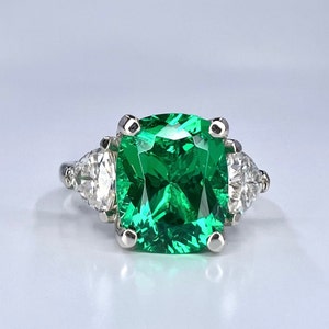 Elongated cushion cut emerald engagement ring with moissanite trillions 14k white gold Unique three stone emerald wedding promise ring #5514