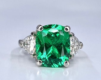 Elongated cushion cut emerald engagement ring with moissanite trillions 14k white gold Unique three stone emerald wedding promise ring #5514