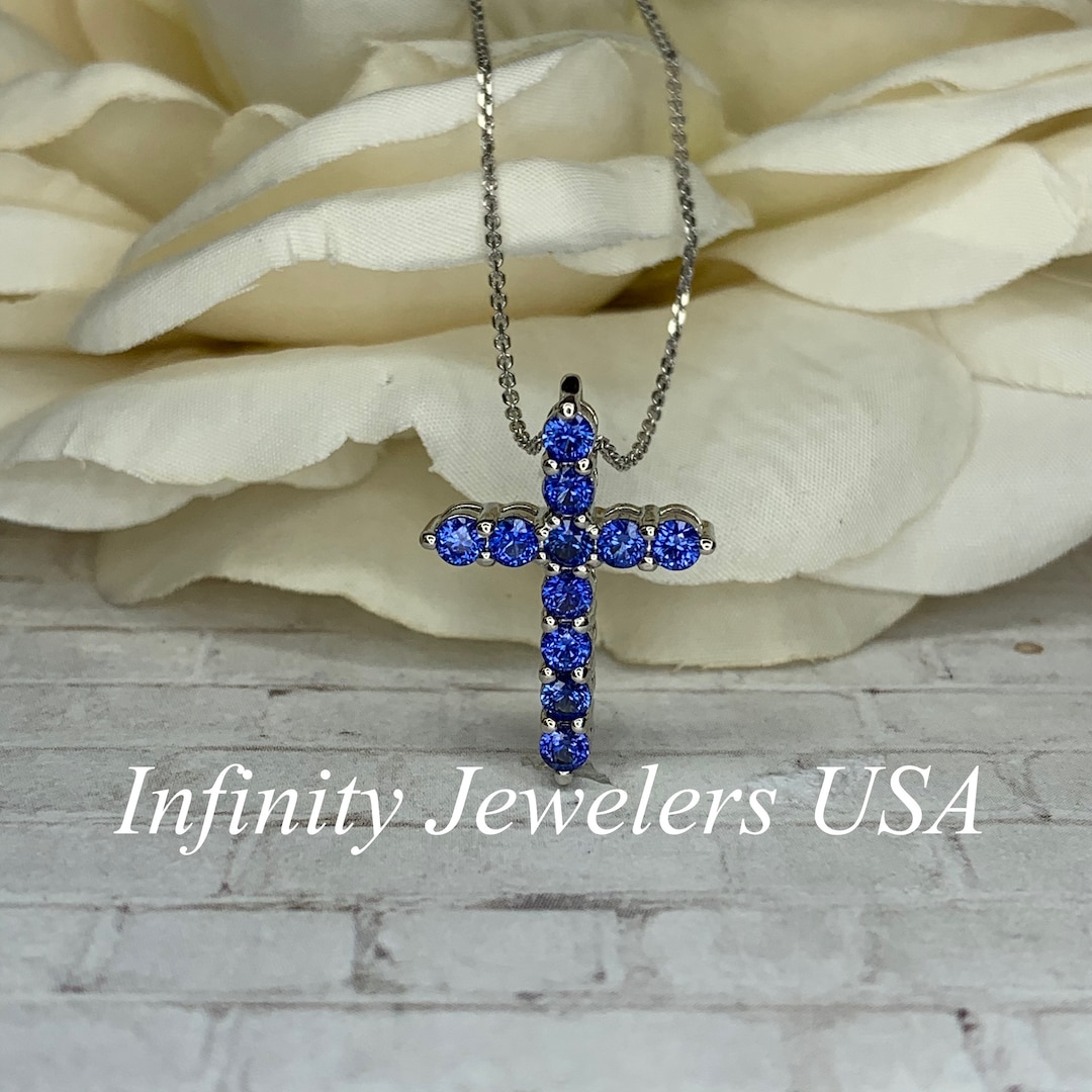 Cross Necklace With Sapphire Stones for Girls Blue Sapphire Cross