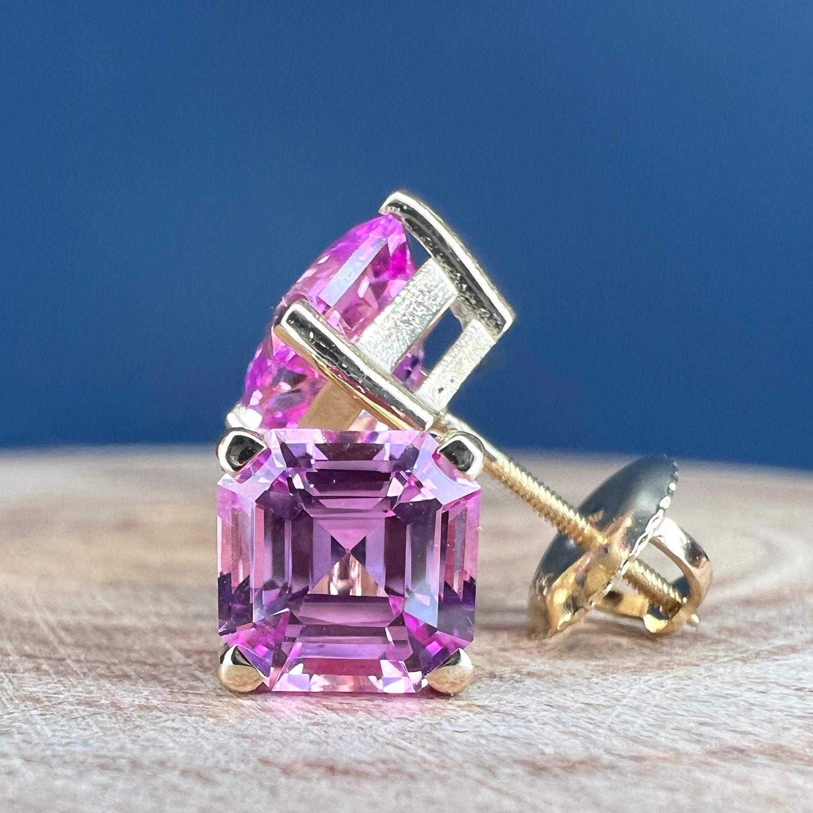 Pink Sapphire Stud Earrings for Her 14k Yellow Gold Asscher Etsy