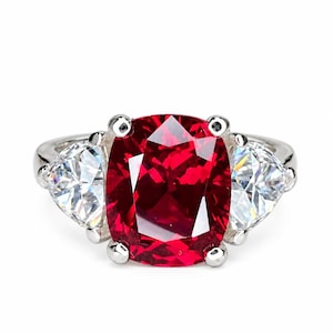 3.30ct Ruby Cushion Cut And Moissanite Engagement Ring, Three Stone Ruby And Moissanite Ring, 14k Gold Elongated Cushion Cut Ruby Ring #6853