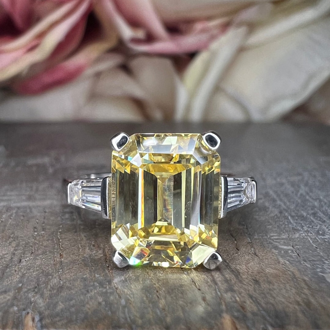 Yellow Emerald Cut With Baguettes Engagement Ring White Gold
