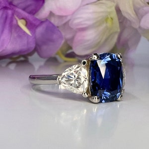 Elongated Cushion Cut Blue Sapphire Engagement Ring and Moissanite ...