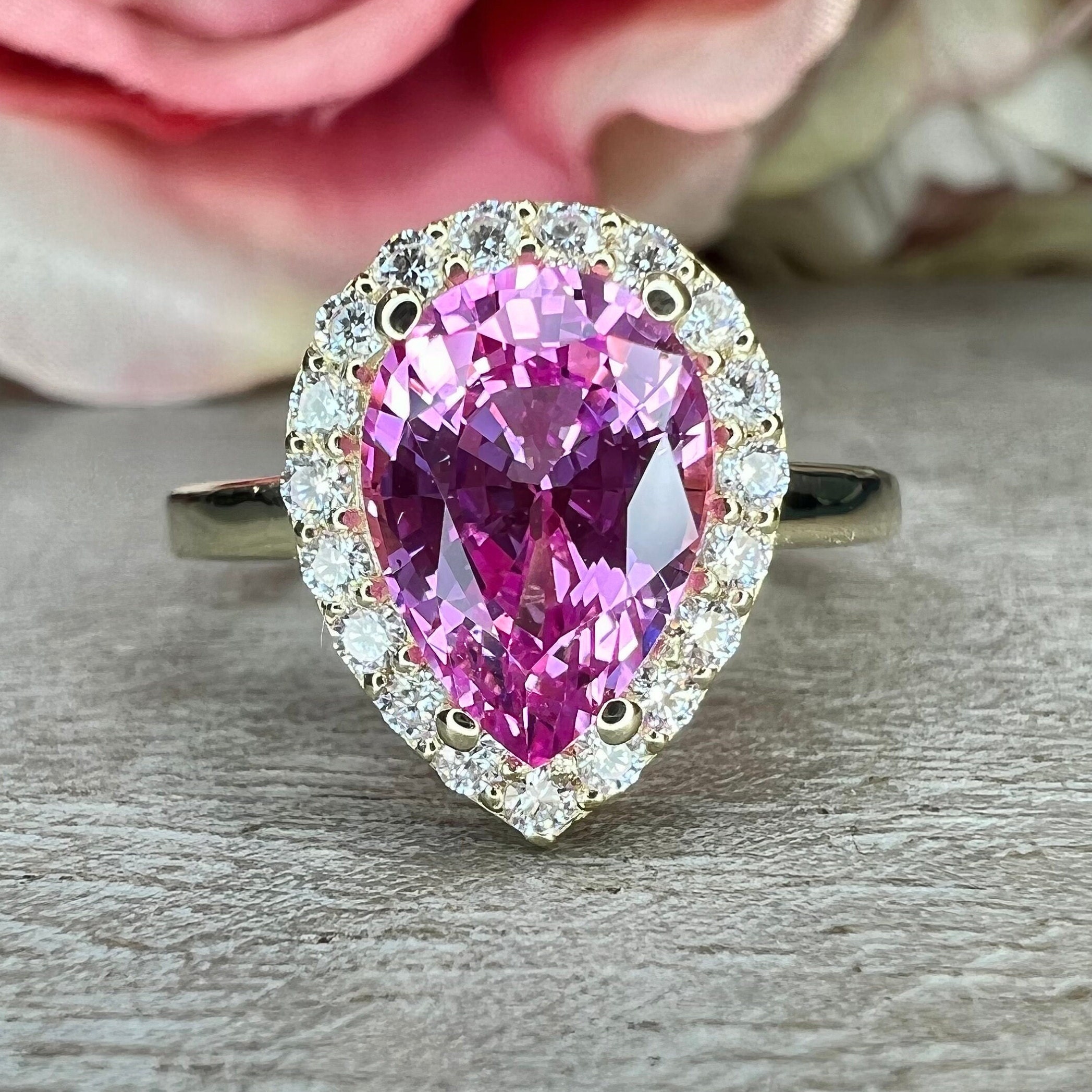 Pink Purple Sapphire Diamond Engagement Ring Gold 3 Stone Pear Ring