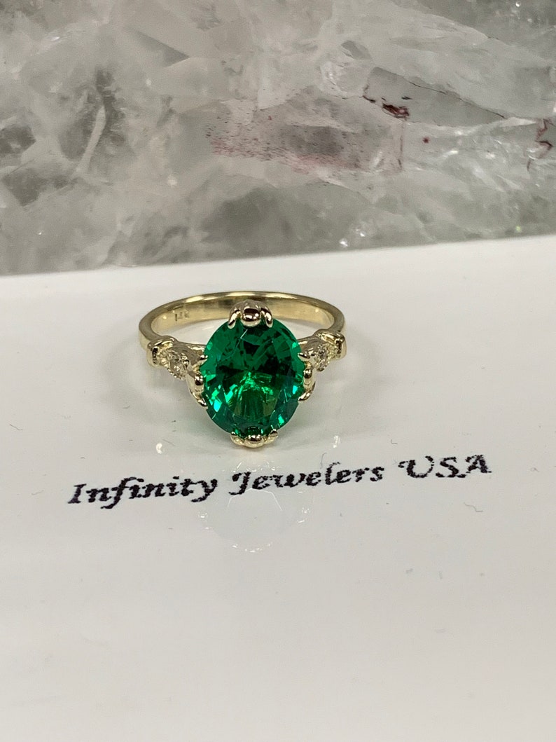 Oval Emerald Engagement Ring With Diamond Accents Vintage | Etsy