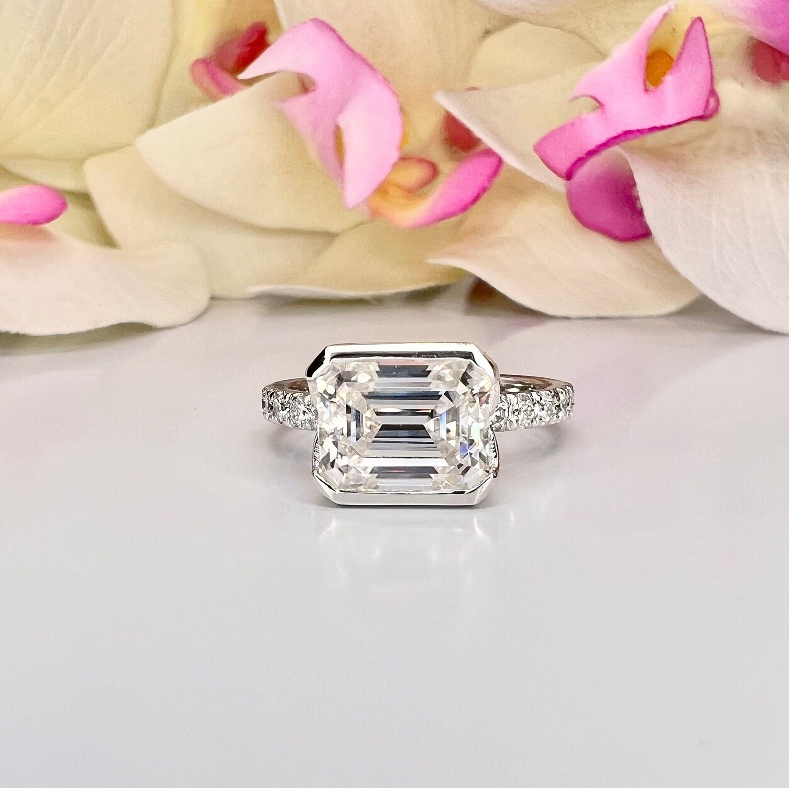 Bezel Set Emerald Cut Lab Created Diamond Engagement Ring 14K Solid ...
