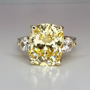 Canary Yellow Elongated Cushion Engagement Ring, 14k Gold Three Stone Simulated Diamond Wedding Ring, Cushion Cut Anniversary Ring    #5538