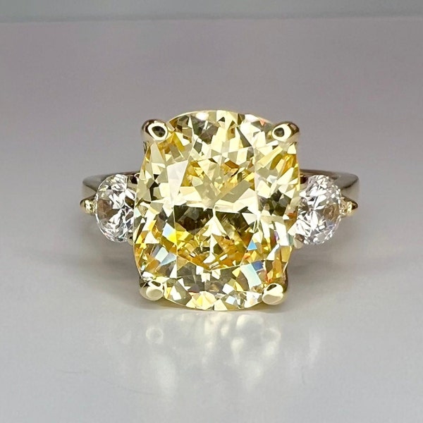 Canary Yellow Elongated Cushion Engagement Ring, 14k Gold Three Stone Simulated Diamond Wedding Ring, Cushion Cut Anniversary Ring    #5538