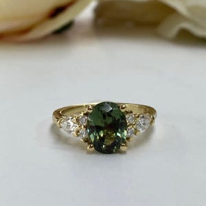 Oval Green Sapphire Engagement Ring 14K Solid Gold, Unique Vintage Oval Cluster Ring For Women, Olive Green Sapphire Engagement Rings, #7206