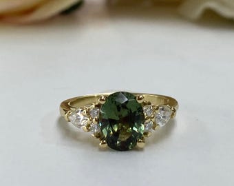 Oval Green Sapphire Engagement Ring 14K Solid Gold, Unique Vintage Oval Cluster Ring For Women, Olive Green Sapphire Engagement Rings, #7206