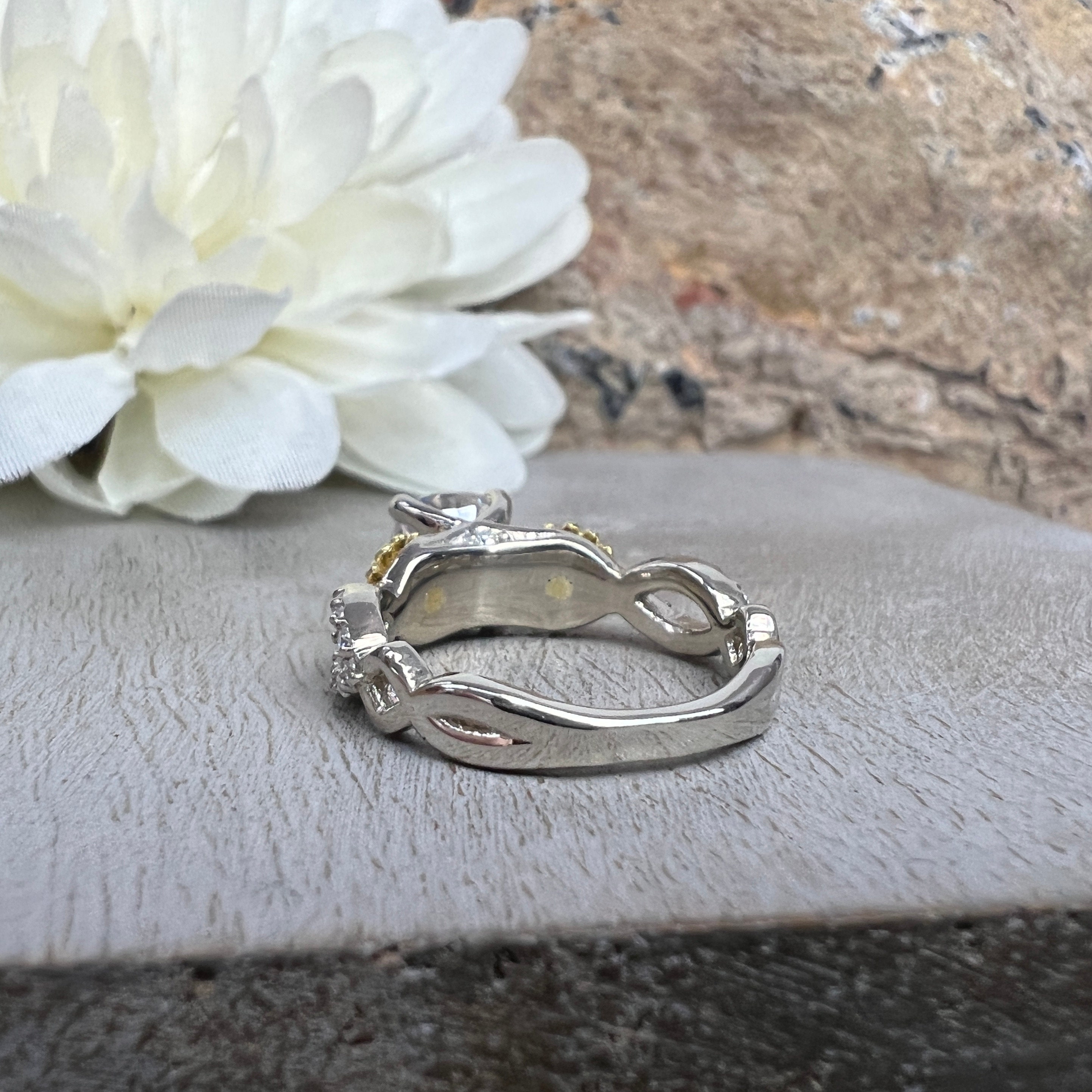 Sunflower Ring Moissanite Engagement Ring White and Yellow
