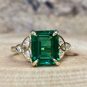 Emerald Cut Emerald And Moissanite Engagement Ring 14K Yellow Gold Celtic Engagement Ring Women Unique Emerald Anniversary Promise Ring 7285