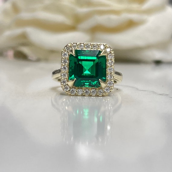 Asscher Cut Emerald and Moissanite Halo Engagement Ring 14K | Etsy