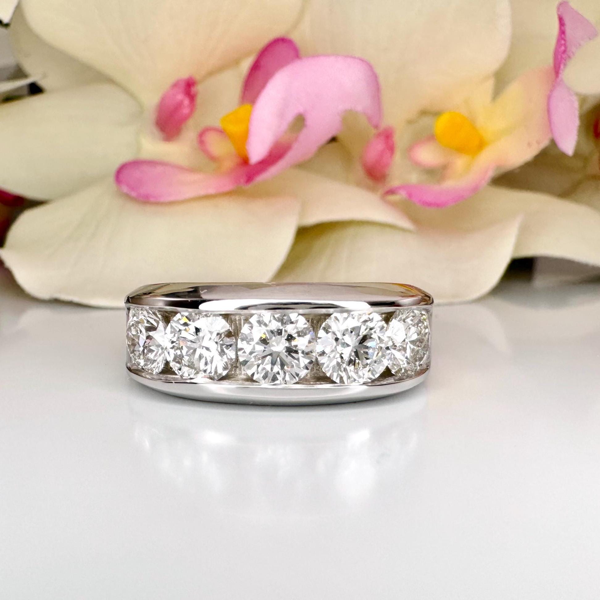 Mens Lab Grown Diamond Ring | 14K Solid Gold 5 Stone Lab Created Mens Diamond Ring | Thick Band Mens Diamond Engagement Ring |  #8244