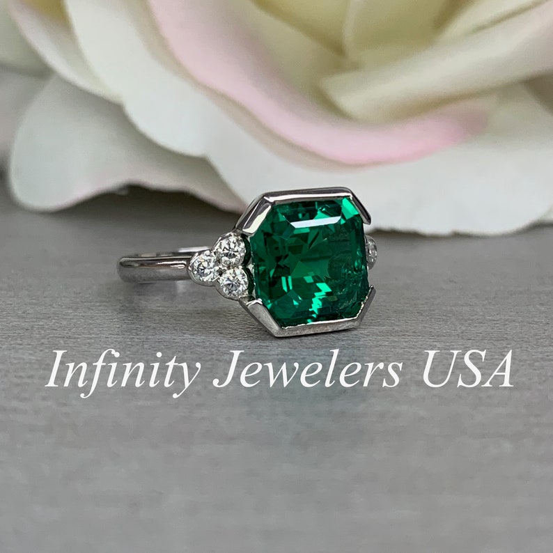 Asscher Cut Engagement Ring / Green Emerald Ring / Half Bezel Etsy