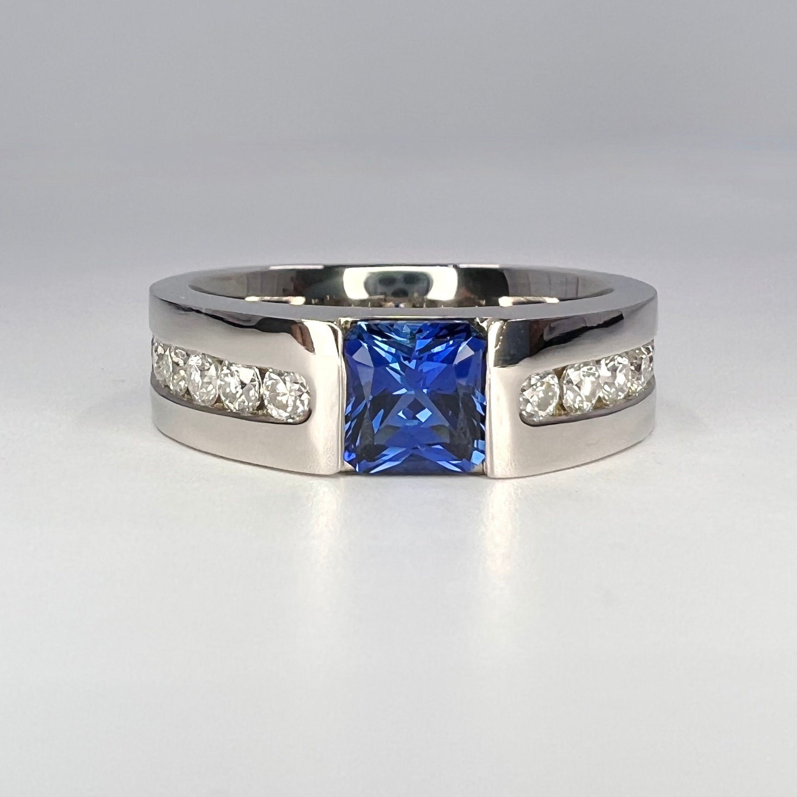 Mens Blue Sapphire Diamond Wedding Band 14K White Gold, Mens Diamond Mens Blue Sapphire Diamond Wedding Band 14K White Gold, Mens Diamond