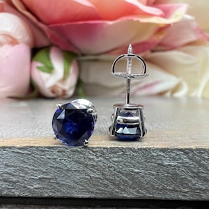 Round Blue Sapphire Stud Earrings 2.00ctw. In 14k White Gold  sapphire studs September birthstone dainty stacking stud earrings unisex #6574