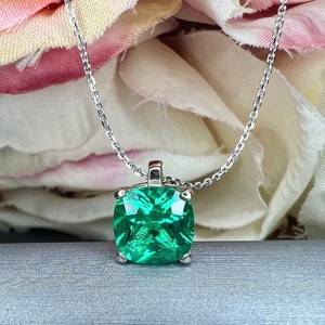 Cushion Cut Emerald Pendant Necklace For Ladies, 14k Gold Emerald May Birthstone Pendant, Simple Layering Emerald Necklace For Her     #5705