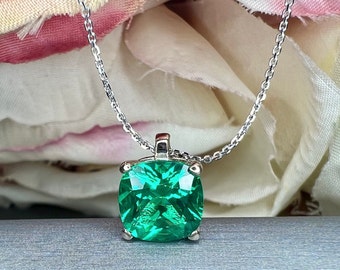 Cushion Cut Emerald Pendant Necklace For Ladies, 14k Gold Emerald May Birthstone Pendant, Simple Layering Emerald Necklace For Her     #5705