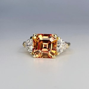 Asscher cut engagement ring, champagne asscher with trillion accents, 10K/14K solid gold #5522