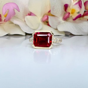 2.75 CTW Bezel Set Ruby Emerald Cut Solitaire Engagement Ring 14K Solid Gold , East West Emerald Cut Ruby Ring Gift , Birthstone Ring  #8433
