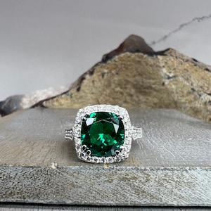 Cushion Cut Emerald And Diamond Engagement Ring. Emerald Ring With Round Moissanite Accents, 14K Yellow Gold Emerald And Diamond Ring  #6416