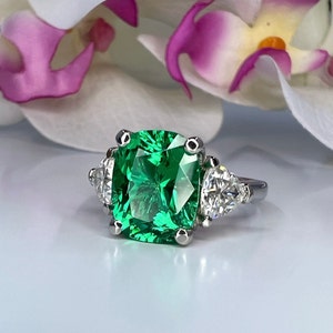 Elongated Cushion Cut Emerald Engagement Ring With Moissanite Trillions ...