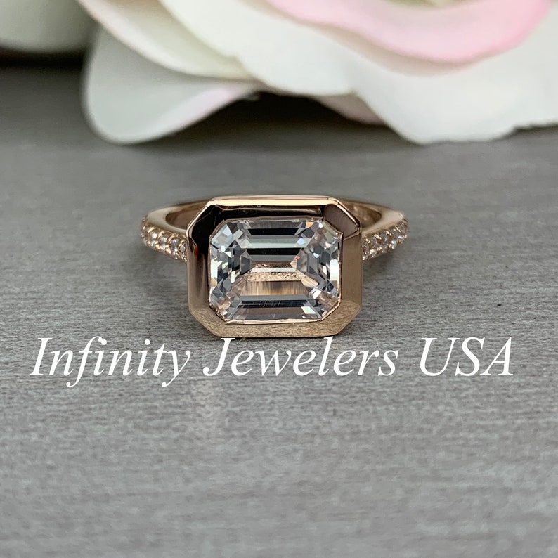 Emerald Cut Moissanite Engagement Ring Bezel Set Emerald Cut Etsy