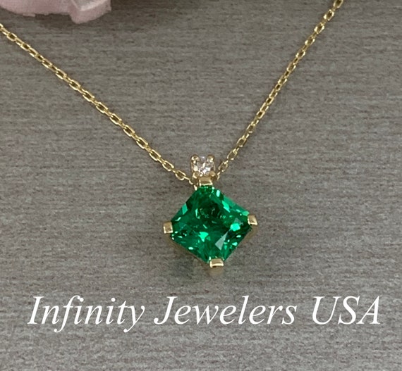 Emerald Necklace in Platinum 3.5x3.5 mm Square Emerald and .05 Carat  Diamond 16 inch Necklace