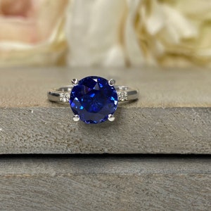 Round Blue Sapphire Engagement Ring 14k White Gold Three - Etsy